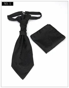 Black paisley jacquard men ascot tie and matching pocket square set detail showcase.