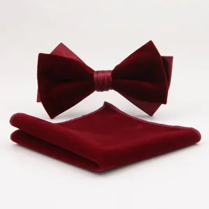 Wine red velvet bow tie pocket square set detail view, elegant men formal accessory.