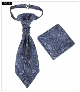 Detail view of men blue paisley ascot tie and pocket square set for formal business wear.