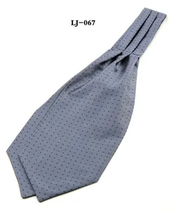 Close-up detail of men grey patterned ascot tie, classic formal neckwear texture display.