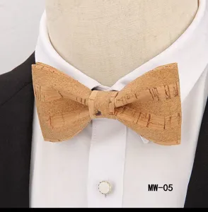 Cork wooden bow tie detail showing natural texture, stylish men accessory for party wear.