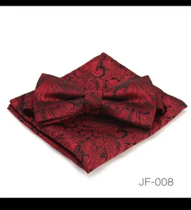 Vue detaillee de l'ensemble noeud papillon et pochette paisley rouge et noir, classique.