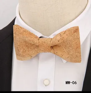 Men's stylish casual party cork bow tie closeup detail showing unique texture and natural wooden finish.
