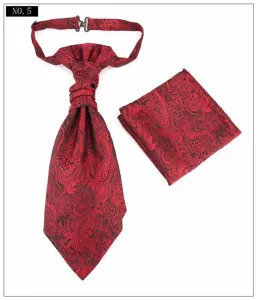 Detail shot of red black paisley jacquard ascot tie pocket square set for formal wear.