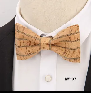 Stylish men's casual party natural cork wooden bow tie detail display showcasing unique texture.