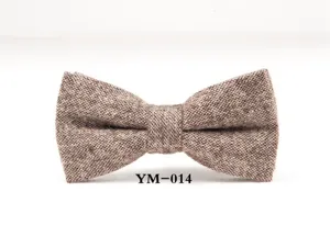 Men wool bowtie detail view, brown tweed fabric, classic groom wedding party neckwear.