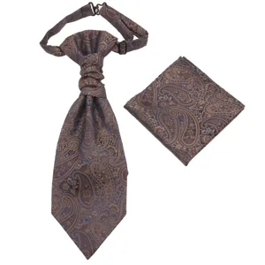 Detailed view of men paisley jacquard Ascot tie and pocket square set in blue and brown.