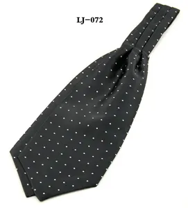 Detailed view of a stylish men's black Ascot tie featuring elegant white polka dot patterns.