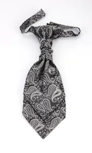 Men's black and white paisley ascot tie, classic jacquard design, perfect for formal evening wear.