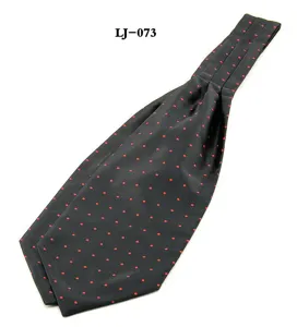 Men's black and red polka dot ascot tie, classic silk cravat for formal wear and business suits.