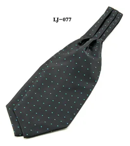 Men's black ascot tie with blue polka dots, stylish cravat neckwear for formal and casual shirts.