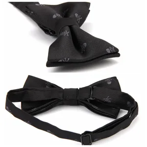 Black bow tie for men featuring a subtle skull and crossbones pattern with adjustable strap.