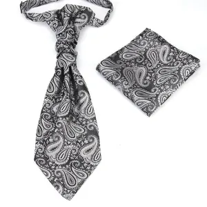 Men's black silver paisley jacquard cravat tie and pocket square set for formal evening wear.