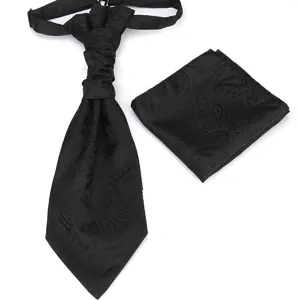 Elegant black paisley ascot tie and pocket square set for men, perfect for formal evening events.