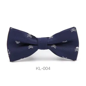 Men's Korean style skull bow tie, dark blue fabric with white skull pattern for formal events.