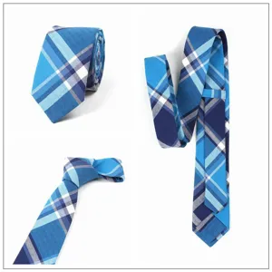 Corbata delgada para hombre a cuadros azules, estilo británico en tela para traje formal.