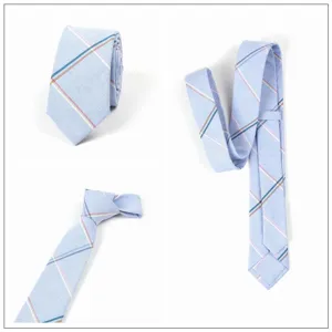 Corbata de algodón a cuadros estrecha azul claro de hombre vista detalle, estilo británico.