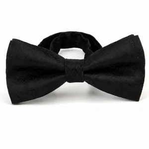 Detailed view of the black paisley bow tie, showing fine fabric texture and classic shape.