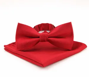Red solid stripe bow tie and pocket square set for men wedding formal wear accessories.