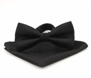 Detail shot of the black striped bow tie and pocket square set, exquisite texture.