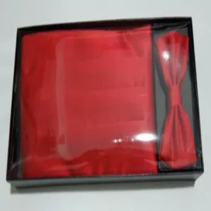 Red mens formal satin cummerbund set with bow tie and pocket square for wedding party