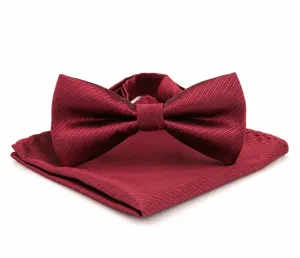 Men's elegant striped bow tie and pocket square set detail view showing fine fabric texture.