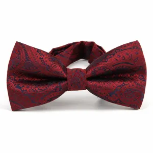 Men's silk bow tie with classic paisley pattern, elegant burgundy and navy blue design.