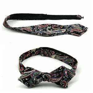Men fashion paisley print bow tie black cotton fabric pointed necktie detail stylish view