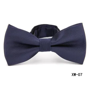 Dark blue mens formal bow tie with adjustable strap, classic striped fabric for business suit.