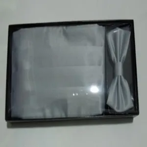 Mens grey tuxedo cummerbund and bow tie set in gift box for wedding formal party wear.