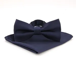 Navy blue striped men bow tie and pocket square set for wedding party formal wear main view