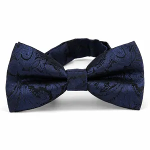 Detailed view of dark blue paisley bow tie for men wedding business formal wear suit accessories
