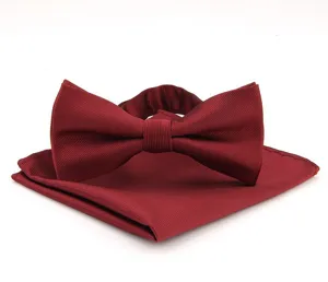 Classic burgundy men bow tie and pocket square set, elegant twill fabric for formal wedding.