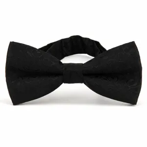 Detail shot of the black men's formal bow tie featuring a subtle paisley jacquard pattern.