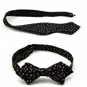 Men's black floral pointed bow tie cotton self-tie adjustable neckwear for formal wear.