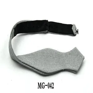 Grey textured men's bow tie detail view, featuring adjustable black strap and pointed shape.