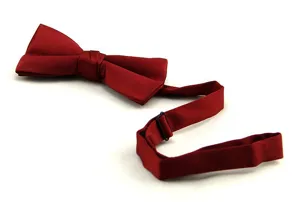 Burgundy satin bow tie for men, elegant wedding formal necktie with adjustable strap.