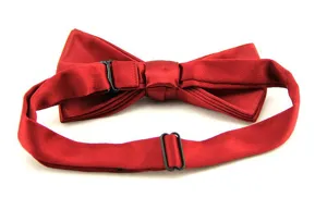 Back detail view of a stylish red silk bow tie with adjustable black strap for formal men wear.