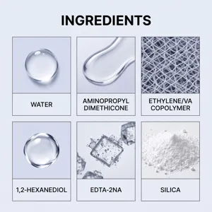 Gedetailleerd ingrediëntenoverzicht met belangrijke formulecomponenten en heldere texturen.