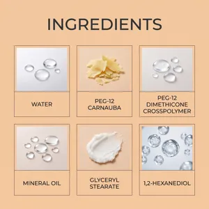 Vista dettagliata degli ingredienti con acqua, cera e componenti naturali per cura interna.