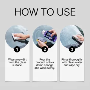 Détail en gros plan du guide d'utilisation du nettoyeur de film d'huile pour vitre.