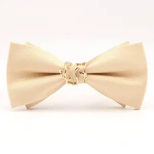Nœud papillon homme mariage tissu rayé champagne avec boucle métal feuille dorée
