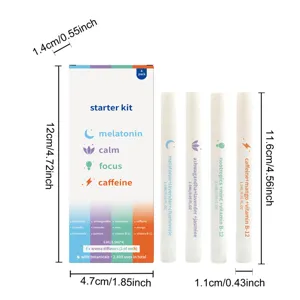 Detailansicht des Kräuter Nasenstick Sets mit vier Aromadiffusoren und genauen Maßangaben.