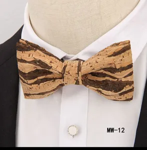 Close-up detail of the stylish wooden cork bow tie texture, showcasing natural craftsmanship.