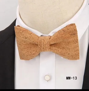 Detail shot of stylish mens cork wooden bow tie featuring natural texture for party wear.