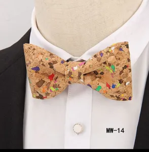 Detail view of the stylish cork bow tie featuring colorful speckles for men's fashion.