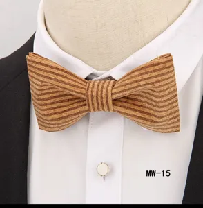 Detail view of the stylish mens wooden cork bow tie featuring unique striped texture design.