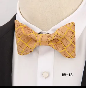 Cork wooden bow tie detail featuring stylish yellow grid pattern and natural texture.
