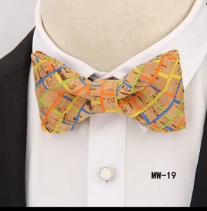 Detailed shot of trendy men's cork bow tie with colorful grid pattern for party and casual wear.