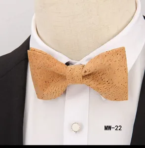 Men's trendy casual party cork wooden bow tie detail showcasing natural texture and elegant form.